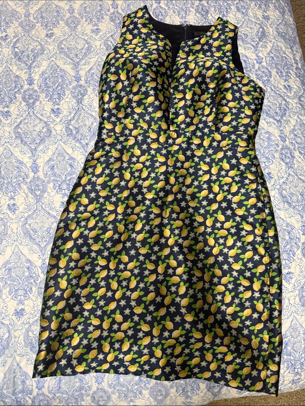 J. Crew Navy Midi Dress with Yellow Lemon Print